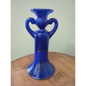 Tiffin 15179 Cobalt 2 Handle Candlestick With Sterling Phoenix Decoration